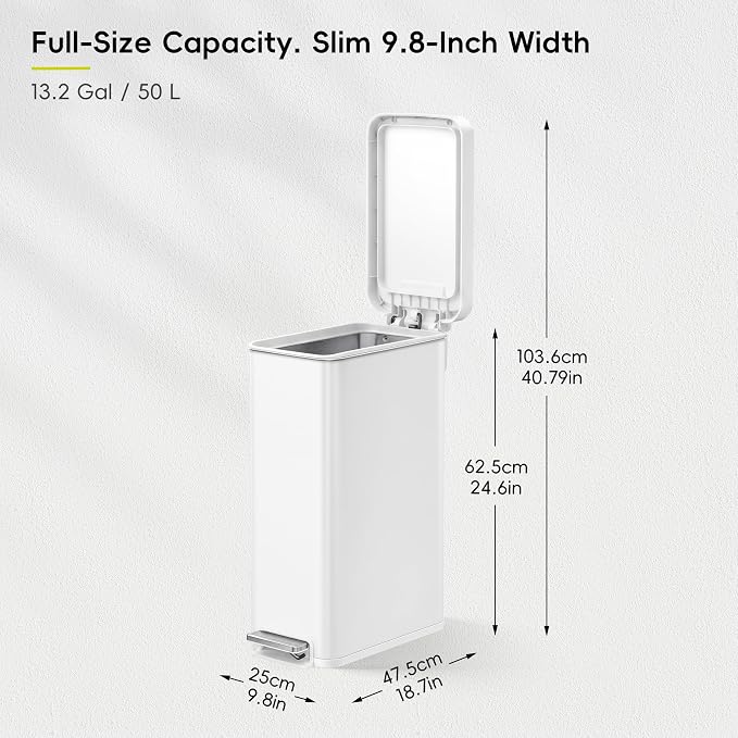 EKO Hudson Slim 50L / 13.2 Gal Stainless Steel Step Trash Can, Matte White