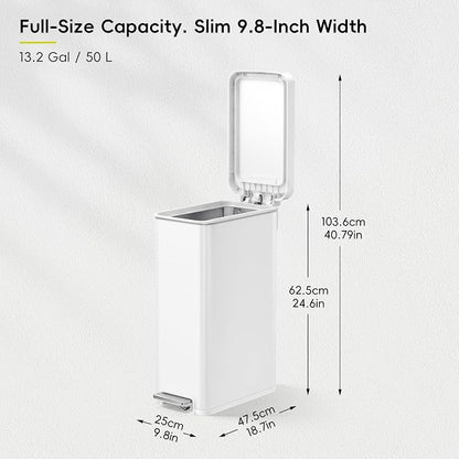 EKO Hudson Slim 50L / 13.2 Gal Stainless Steel Step Trash Can, Matte White