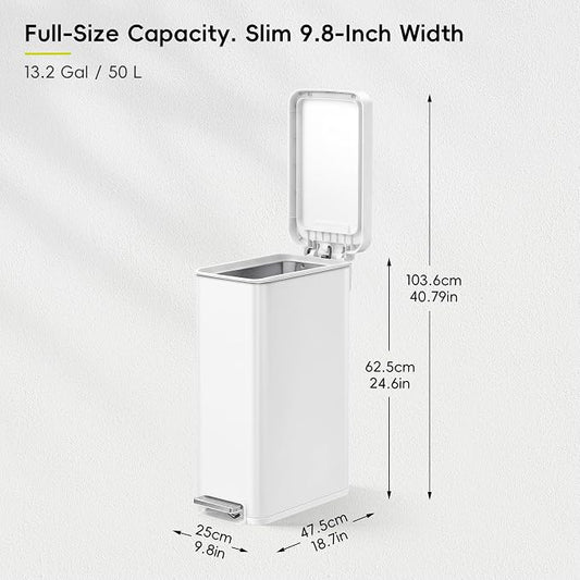 EKO Hudson Slim 50L / 13.2 Gal Stainless Steel Step Trash Can, Matte White