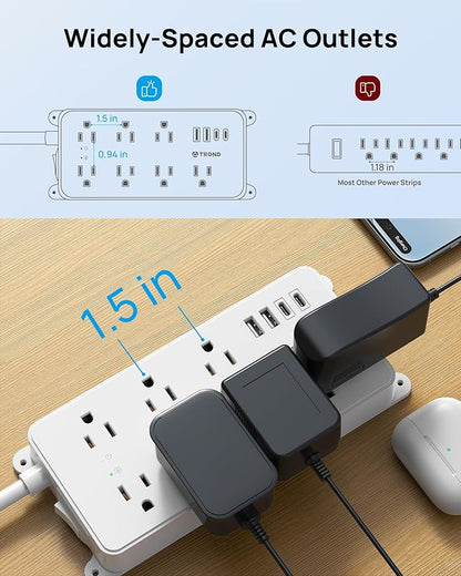 TROND Power Strip Surge Protector, 7 Widely Spaced Outlets with 2 USB A and 2 USB C, ETL Listed 1700J, Wall Mount, Flat Plug 5ft Extension Cord 14AWG Heavy Duty, for Home, Office Garage, White