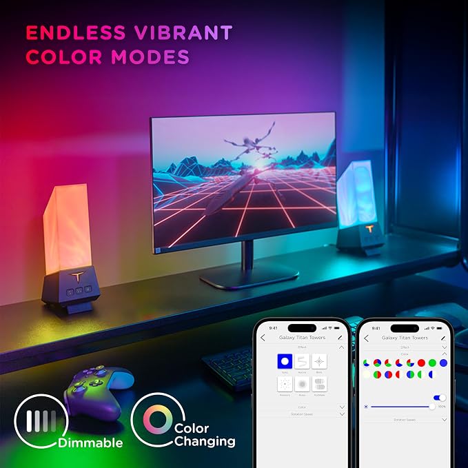 Enbrighten Smart Gaming Light Towers with RGBW Galaxy Projector | Space Nebula Effects, Alexa and Google Compatible, App-Controlled Ambient Lighting, Night Light for Kids Room and Game Room