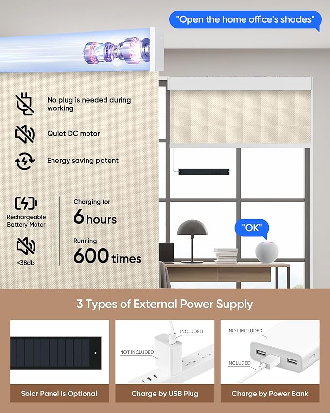 Motorized Blinds with Remote: Kincmo 100% Blackout Roller Shades Work with Apple Homekit,Alexa,Google Home, Customized Electric Blinds with App,Voice Control (100% Blackout Essential Cream)