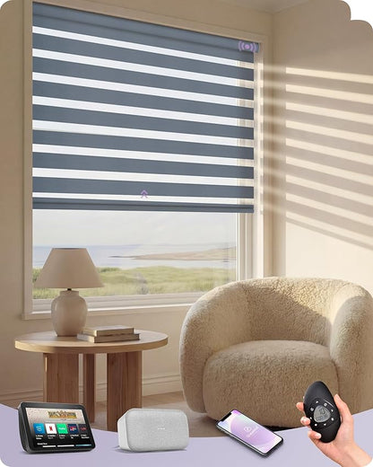 Graywind Motorized Zebra Sheer Blinds Compatible with Alexa Horizontal Light Filtering Window Shades Remote Roller Blinds with Valance for Smart Home and Office, Customized Size (Luxury Blue Grey)