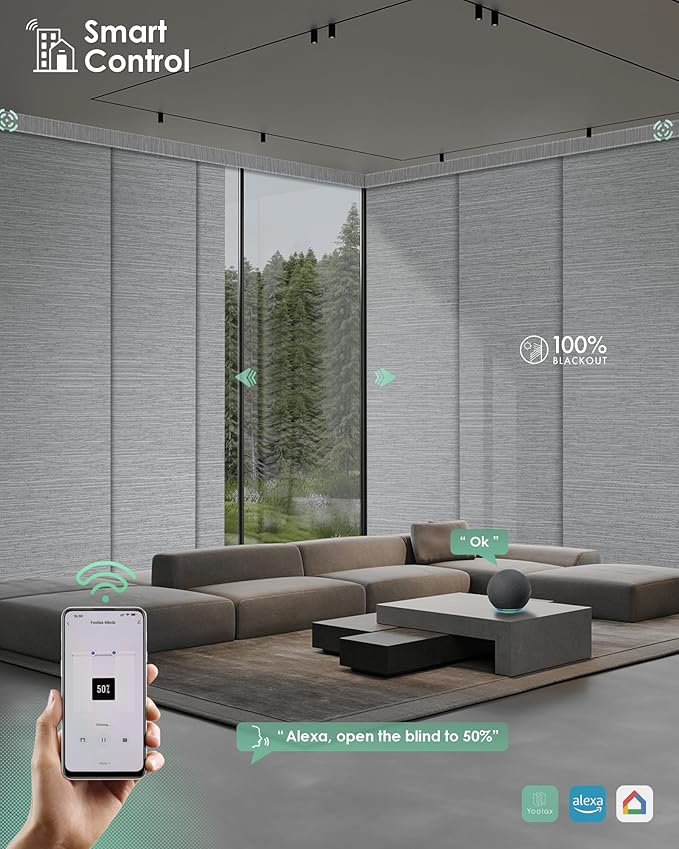Yoolax Custom XL Smart Vertical Blinds, Motorized Sliding Door Blinds Compatible with Alexa, Blackout Sliding Panel for Room Divider, Indoor Windows, Patio Doors, Foggy Grey