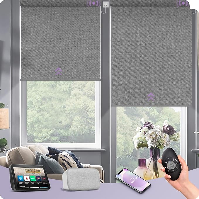 Graywind Motorized Roller Shade 100% Blackout Work with Alexa Google Textured Fabric Remote Control Hardwired Window Shades Window Blinds, Customized Size (Weaving Cloud)