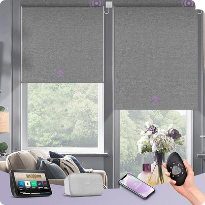 Graywind Motorized Roller Shade 100% Blackout Work with Alexa Google Textured Fabric Remote Control Hardwired Window Shades Window Blinds, Customized Size (Weaving Cloud)
