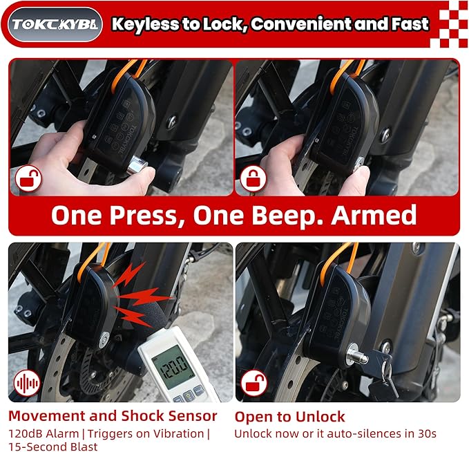 Rechargeable Motorcycle Disc Lock with 120dB Alarm, 5FT Reminder Cable with Anti-Theft Helmet Lock Cable, IP67 Waterproof, Universal Fit for Motorcycle Bike Scooter Ebike