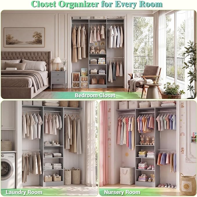 Besiost 4FT Small Closet Organizer System with 4 Hanging Rods & 3 Shelves | 48" Closet System for Small Closets, 80" H Small Closet Organizers and Storage for Bedrooms, Cloakrooms, Gray