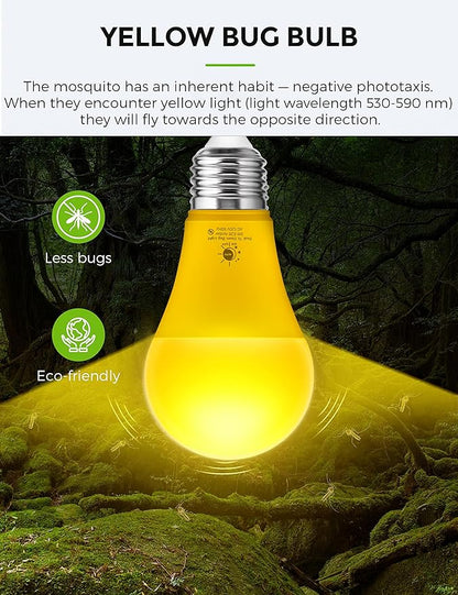 L LOHAS LED Dusk to Dawn Bug Light Bulb Outdoor, A19 Yellow LED Bug Light Bulbs, 9W Auto On/Off Bug Lights for Outside, Amber Porch Light Bulb 60W Equi, Non-Attracting, E26 Base for Backyard, 2 Pack