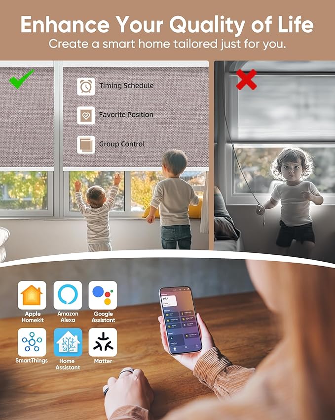 Motorized Blinds with Remote: Kincmo 100% Blackout Roller Shades Work with Apple Homekit,Alexa,Google Home, Customized Electric Blinds with App,Voice Control (100% Blackout Natural Oat)