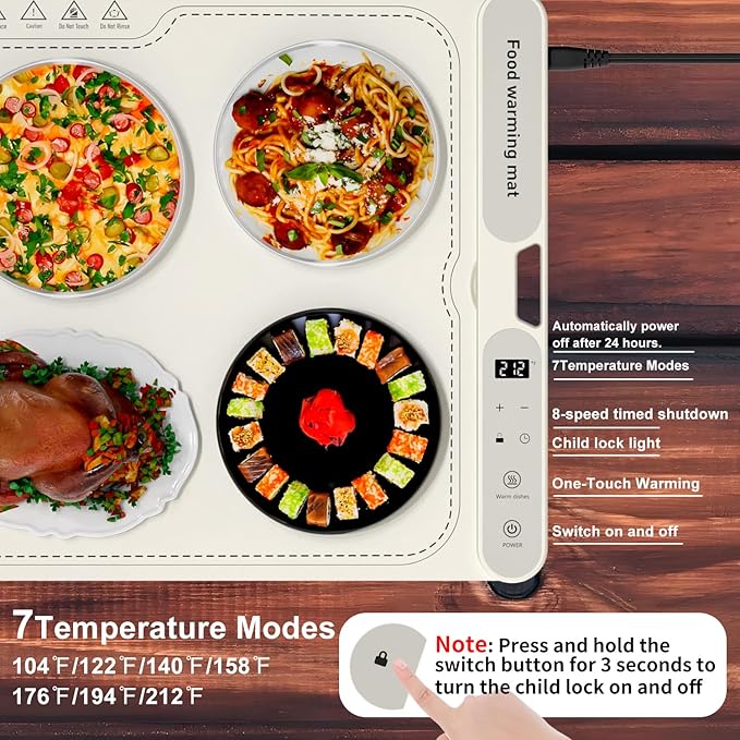 Electric Warming Tray&Food Warming MatFast Full Surface Electric Warming Tray with 7 Temp-Settings & 8H Timer, Portable Roll Up Food Warmer for Gatherings Parties Buffet -Oversized (Beige, 32''X15'')