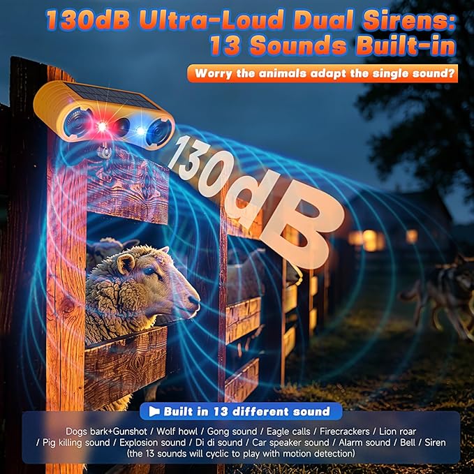 Solar Motion Sensor Alarm Outdoor, Red & Blue LED Strobe Light with 130dB Dual Speakers, 13 Loud Sounds Dog Barking & Siren, Continuous Loop Playback, 4 Modes for Deer Bear Coyote Fox Deterrent