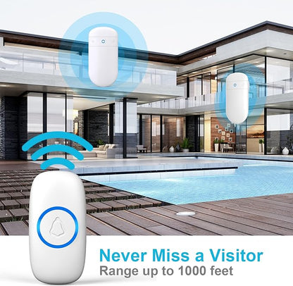 Wireless Doorbell, SECRUI Door bell Over 1000ft Coverage with 2 Plug-In Receivers, Waterproof Push button, 52 Chimes, 110dB loud Sound and Colorful LED Flash