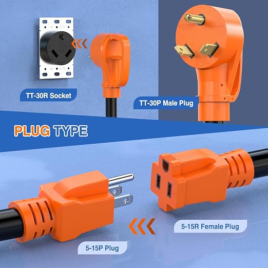 Nilight 30Amp to 15 Amp RV Y Splitter Adapter Cord 10 AWG NEMA TT-30P 5-15R