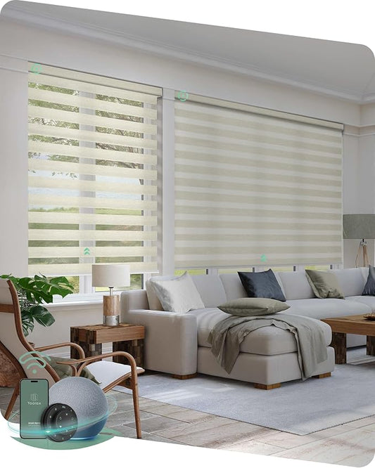 Yoolax Motorized Zebra Blinds Compatible with Alexa, Motorized Blinds with Remote Custom Size, Privacy Electric Blinds Zebra Blinds for Windows (Beige)