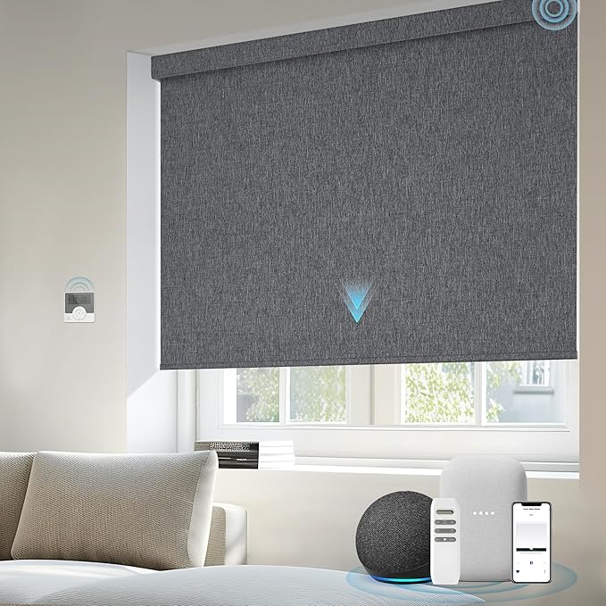 Motorized Blinds Compatible with Alexa Google Custom to 108" Width 100% Blackout Smart Blind Automatic Large Window Roller Shades Remote Control Fabric Dark Grey