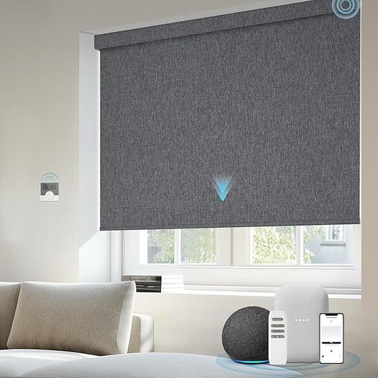 Motorized Blinds Compatible with Alexa Google Custom to 108" Width 100% Blackout Smart Blind Automatic Large Window Roller Shades Remote Control Fabric Dark Grey