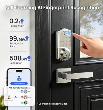 Veise VE017G Wi-Fi Keyless Entry Door Lock, App Remote & Voice Control, Fingerprint Smart Locks for Front Door, Touchscreen Electronic Keypad Deadbolt, Auto Lock, Emergency Power Port, Satin Nickel