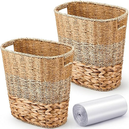 Ziliny 2 Pcs Wicker Trash Can with 50 Small Trash Bag Wicker Waste Woven Basket with Handles Clear Multi Use Garbage Bags for Bathroom Kitchen Bedroom(Various Materials,Classic Style)