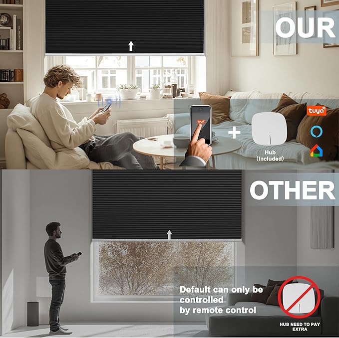BERISSA Motorized Cellular Shades, Blackout Smart Honeycomb Blinds with Remote Control & Hub, Custom Room Darkening Automatic Cellular Window Blinds for Home Office, Living Room, Door,Black