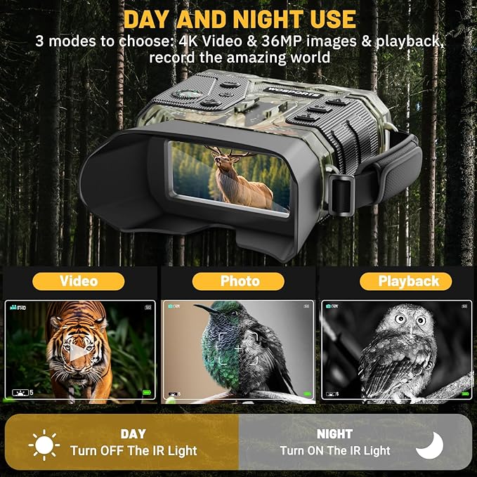 WOSPORTS 4K Night Vision – 1300FT Long-Range View with 8X Zoom, 15H Battery & 32GB Card – Tactical Camo Gear for Camping