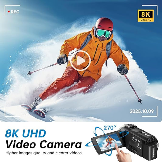 8K Video Camera Camcorder 2025 Latest 88MP Ultra HD Video Cameras Wifi Vlogging Camera for YouTube 18X Digital Video Cameras with 32G Card Microphone 6-Axis Anti-Shake IR Night Vision Video Recorder