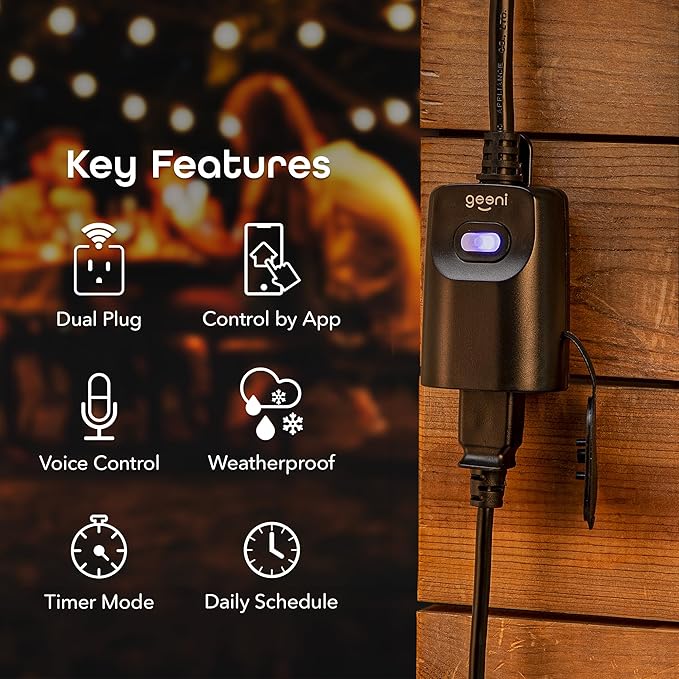 Geeni Indoor/Outdoor Smart Plug Weatherproof, 1 Socket Wireless Remote Control and Timer –Works with Alexa, Google Assistant, Requires 2.4 GHz WiFi, Black