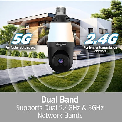 Energizer Smart 2K Light Bulb Security Camera, 1000 Lumens LED Light, 5G&2.4G Wi-Fi Outdoor Socket Camera, Pan Tilt Auto Tracking, Night Vision, 2-Way Audio, Outdoor, Works with Alexa & Google Home