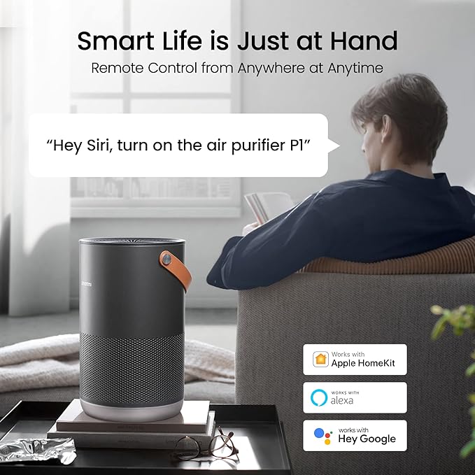 smartmi Air Purifiers for Home, Works with HomeKit Alexa, Smart Air Purifier with Handle, Auto Mode, 19db, 0.08 µm Particles Captured, P1 Dark Grey