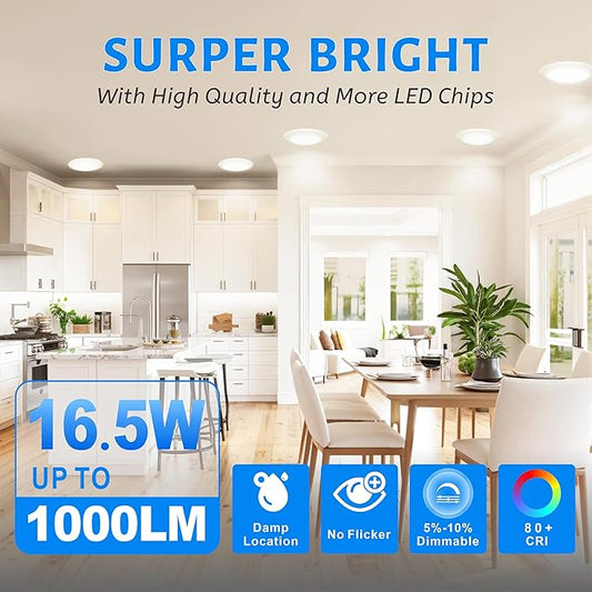 ECOELER 6in Dimmable LED Disk Light, Flush Mount Recessed Retrofit Ceiling Lights, 16.5W, 1000lm, 3000K Warm White, Installs into JBox or Recessed Can, ETL Listed