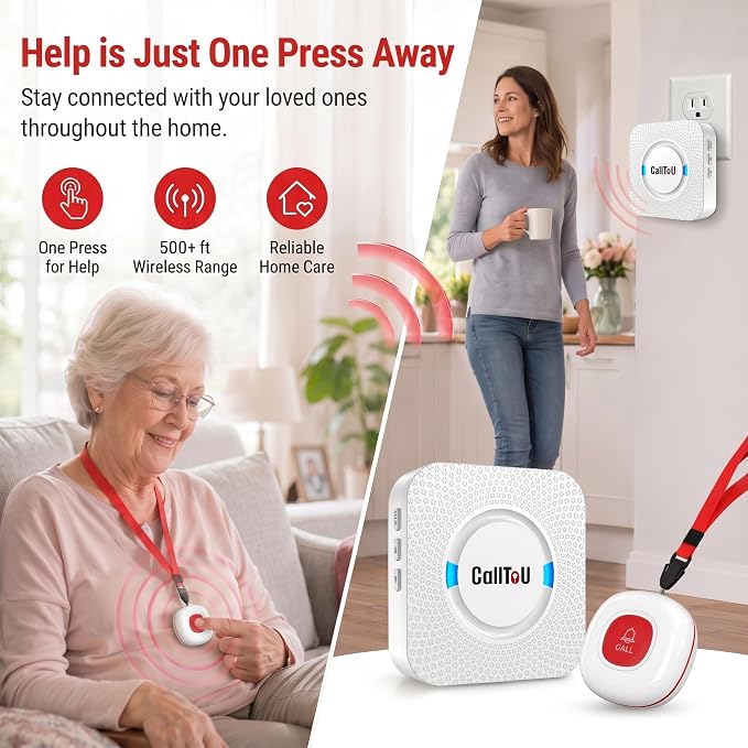 CallToU Wireless Caregiver Pager Call Button for Elderly at Home Nurse Alert System 500+ Feet for Seniors/Elderly/Patient/Disabled 1 Plugin Receiver 2 Waterproof SOS Buttons