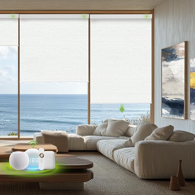 Motorized Blinds with Remote，100% Blackout Smart Blinds Motorized Roller Shades Compatible with Alexa Automatic Blinds for Windows Electric Window Blinds Customized Size Starlight White