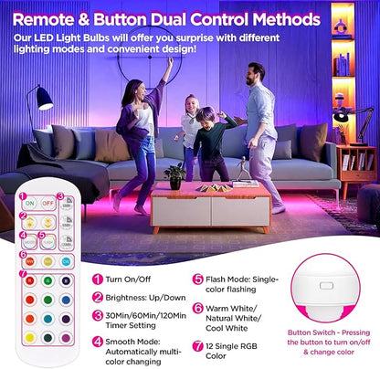 Yochoice 2-Pack E12 Rechargeable Battery Operated Light Bulb with Remote, Dimmable LED Bulb with 15 Colors Selectable & 3 Timer, Wireless Detachable Puck Light Bulb for Wall Sconce, Non-Hardwired