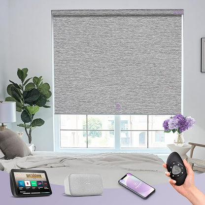 Graywind Smart Blackout Roller Shades for Alexa Google Textured Gleaming Fabric Rechargeable Motorized Blinds Cordless Remote Control Window Shades, Custom Size (Striped Grey) (GW-QZYM-TH00)