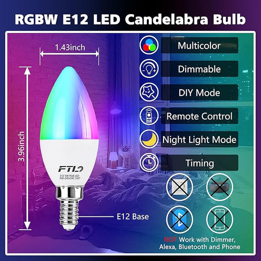 FTL E12 LED Color Changing Candelabra Light Bulb with Remote Control,5W 40W Equivalent,2700K-6000K Colored Light Bulbs, Dimmable 30 Colors B11 RGB Candle Light Bulbs for Chandelier Lighting, 6-Pack