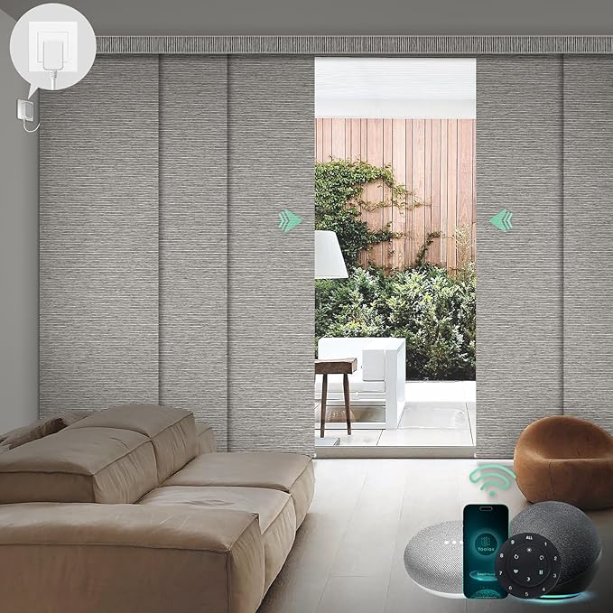 Yoolax Custom XL Smart Sliding Door Blinds, Motorized Sliding Panel Blinds Compatible with Alexa, Blackout Vertical Blinds for Glass Doors, Patio Doors, Closet Doors, Wood Stripe Brown