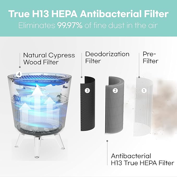 IMUNSEN M-002R HEPA Air Purifier with H13 True HEPA Filter, Cypress Wood Filter, Auto Sleep Mode, Filters 99.97% Pollen, Smoke, Perfect for Office and Bedroom, Made in Korea - Red