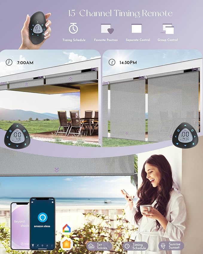 Graywind Motorized Outdoor Shades for Patio, Work with Alexa & Google, Solar Powered Electric Roller Shades for Outside, Custom Size (3% Openness, AegisLite Mist)