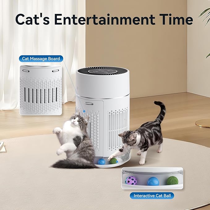 Cat Air Purifier with Interactive Ball, HEPA Filter for Pet Hair Odor, 360° Air Outlet for Small Room, Bedroom, Dorm, Desktop