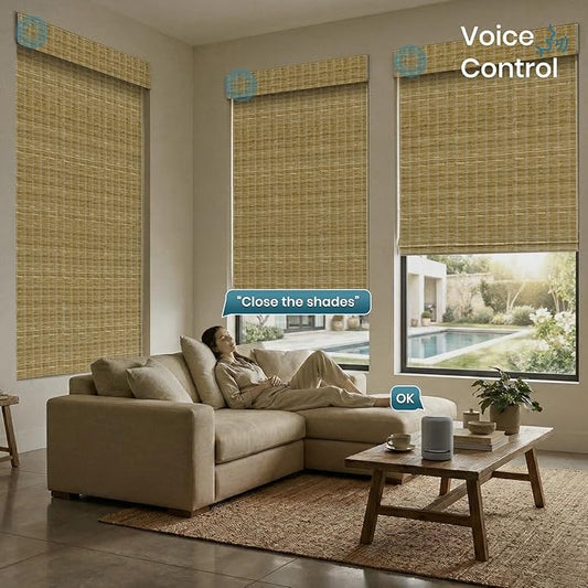 Motorized Roman Shades with Remote,Wooden Blinds Compatible with Alexa/Google/Apple Homekit,Natural Woven Wood Blinds,Electric Blinds Customized Size,Crocheting Mixture
