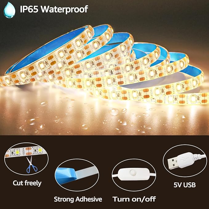 5V USB LED Strip Lights, Warm White 3500K 9.84ft SMD 2835 IP65 Waterproof 180 LEDs Plug and Play Rope Light Strips with Switch for Bedroom, Kitchen Decoration