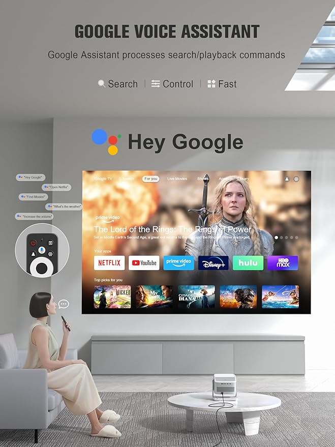【Official Licensed Google TV】4K Smart Projector with WiFi and Bluetooth, VOPLLS Outdoor Projectors with Dolby/Auto Focus, Portable Movie Phone Wireless Gaming Wifi Proyector for Bedroom/Home/Ceiling
