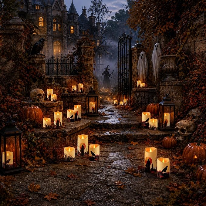 Artmarry Halloween Flameless Candles 4" 5" 6" Set of 3 Outdoor Indoor | Pillars Battery Operated Flickering Candles with Cozy Climbing Flame Effect ,10-Key Remote Timer, Plastic LED Candles