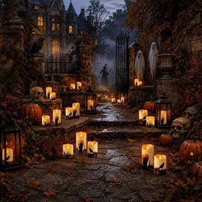 Artmarry Halloween Flameless Candles 4" 5" 6" Set of 3 Outdoor Indoor | Pillars Battery Operated Flickering Candles with Cozy Climbing Flame Effect ,10-Key Remote Timer, Plastic LED Candles