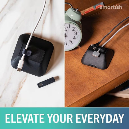 Smartish Magnetic Cord Holder, Cable Wrangler, Nightstand & Desk Organizer | Holds 5 Cords, 2 Cable Clips, Weighted Base, Charger Keeper, Phone Charging Cable Management, Home Office Accessories, Black