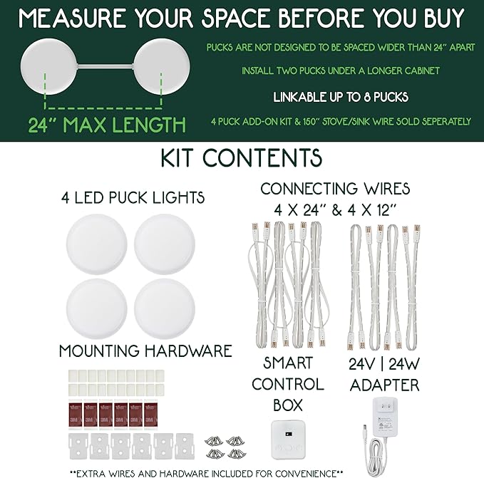 4 Puck Kit - Super Bright Wide Angle Light Spread - Smart Under Cabinet Lighting - 2700K-6500K - 95 CRI - WWA - Works With Alexa, Google, Apple - Matter Certified - Plug-In - Hands-Free Control Box
