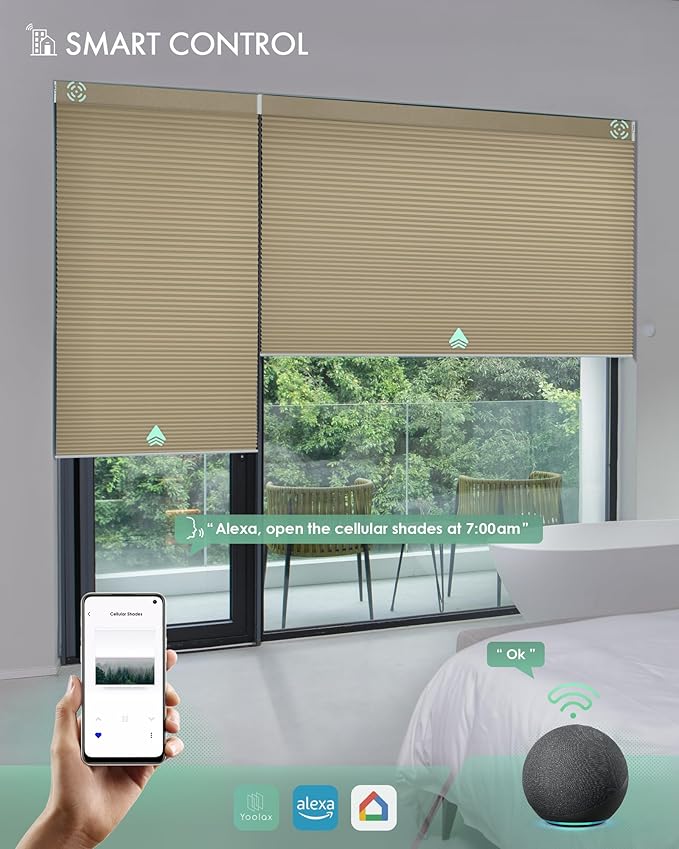 Yoolax Motorized Cellular Shades Compatible with Alexa, Blackout Motorized Blinds with Remote Smart Honeycomb Shades for Indoor Windows, Automatic Blinds Custom Size (Light Coffee)