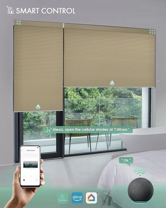 Yoolax Motorized Cellular Shades Compatible with Alexa, Blackout Motorized Blinds with Remote Smart Honeycomb Shades for Indoor Windows, Automatic Blinds Custom Size (Light Coffee)