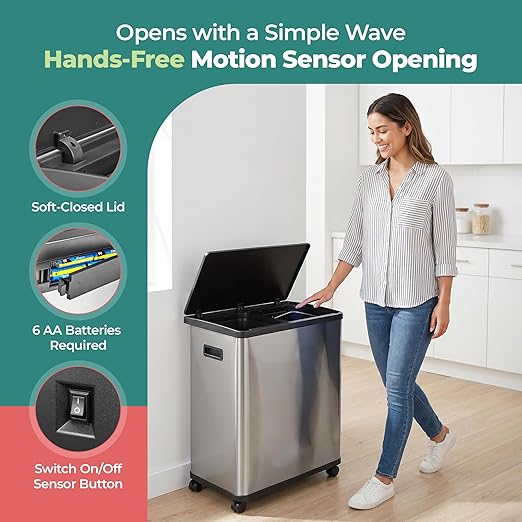 HOLDN’ STORAGE 60L Dual Kitchen Trash & Recycling Bin, Motion Sensor Opening, Soft-Close Lid, Removable Inner Buckets, Stainless Steel, 2 Trash Bag Rolls Included