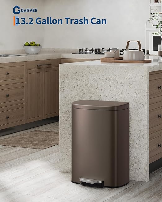 GarveeHome 13 Gal & 2.6 Gal Trash Can Combo Set, Kitchen Trash Can and Bathroom Trash Bin with Lid, Step-On Rustproof Garbage Bin with Inner Bucket, Brown
